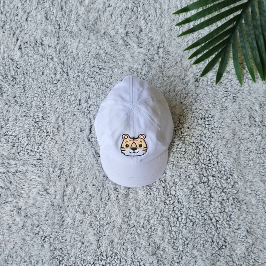 White Embroidered Tiger Cap for Baby Boys