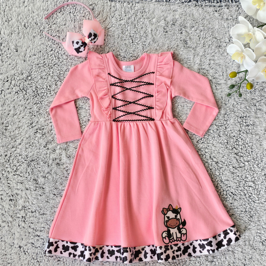 Pink dress with embroidered cowgirl for baby girl 