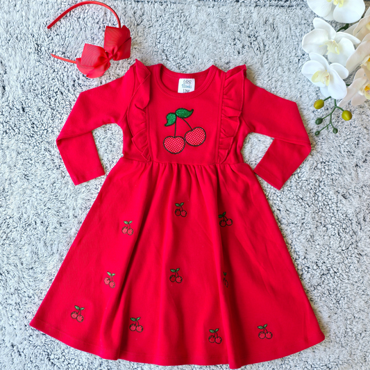 Red Embroidered Cherry Dress for Baby Girl 