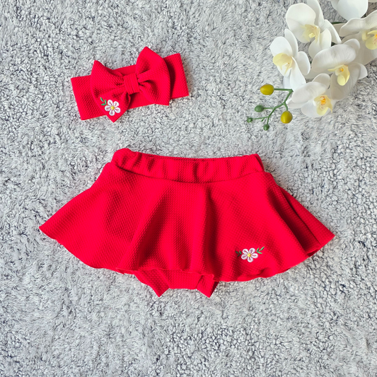 Red bummies with embroidered flower for baby girl 